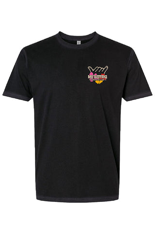 Front view of black T-shirt, showing Shaka Mo' Bettahs graphic on upper left breast.