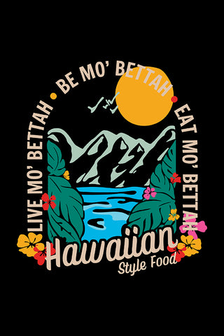 Close up detail of Shaka mountains tropical graphic on black background.