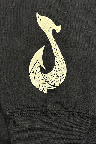 Tribal hook on right sleeve of Classic Mo' Bettahs Black Hoodie.
