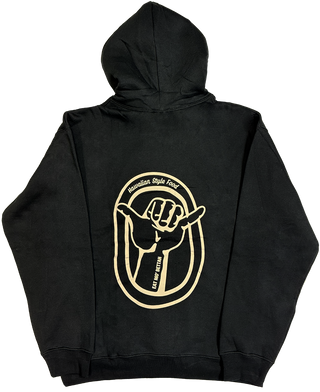 Black hoodie with an ivory Mo' Bettahs Hawaiian Style Food and Eat Mo' Bettah and a shaka hand logo on the back.
