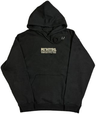 Black hoodie with Mo' Bettahs brand logo Mo' Bettahs Hawaiian Style Food embroidered on front.