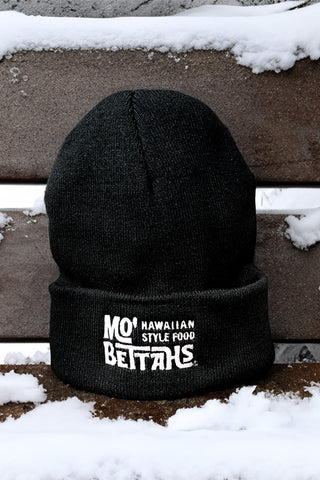 Black cuffed beanie, fleece lined with an embroidered Mo' Bettahs Hawaiian Style Food logo.