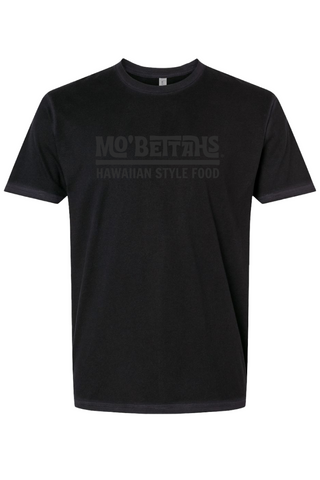 Front view of Mo' Bettahs logo; tone on tone black t-shirt.