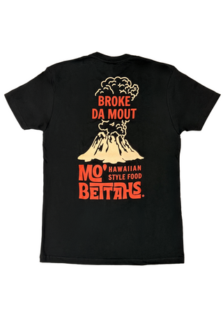 Black t-shirt with red and sand volcano graphic design and red Mo' Bettahs Hawaiian Style Food logo.