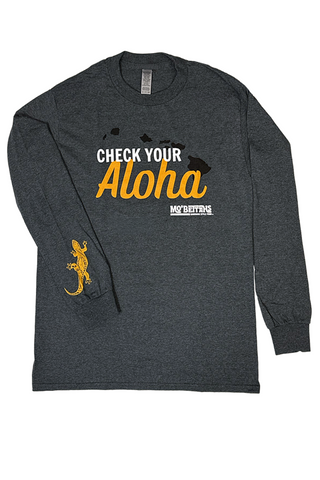 Check Your Aloha long sleeve charcoal gray tee, with geometric gecko on right sleeve.