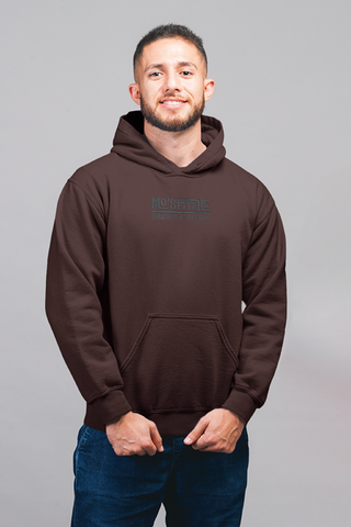 Male model wearing chocolate brown hoodie , with Mo' Bettahs Hawaiian Style Food logo embroidered on front.