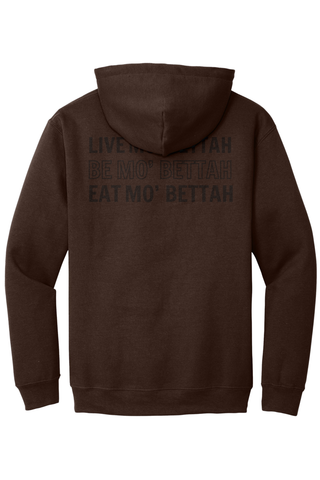 Back view showing screen printed Live, Be and Eat Mo' Bettah graphic.