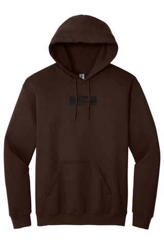 Chocolate hoodie with Mo' Bettahs Hawaiian Style Food embroidered in black thread and positioned top center of hoodie.