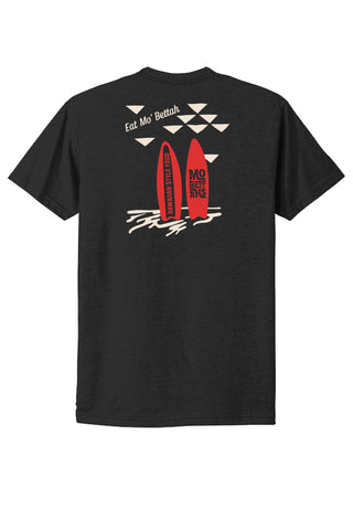 Eat Mo' Bettah surf board graphic on back of black T-shirt.
