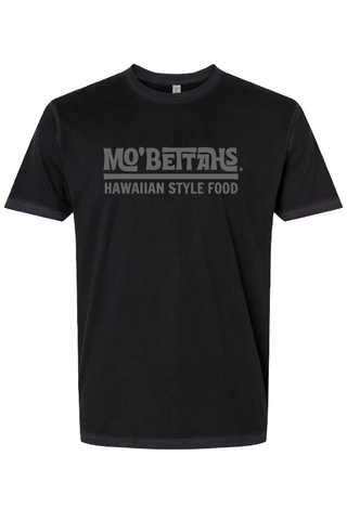 Front view of Mo' Bettahs grey logo on black t-shirt.