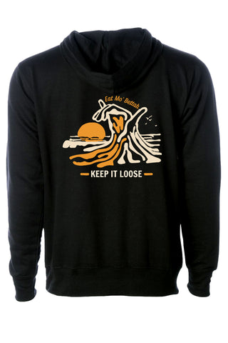 Back view of Mo' Bettahs black hoodie with hang loose graphic.