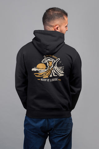 Back view of man wearing black hoodie, with Mo' Bettahs hang loose graphic.