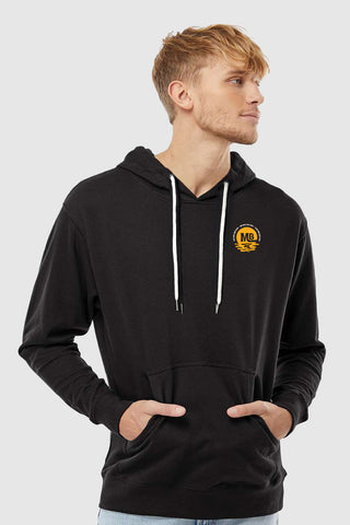 Front view of man wearing black hoodie, with Mo' Bettahs sunset logo on upper left breast.