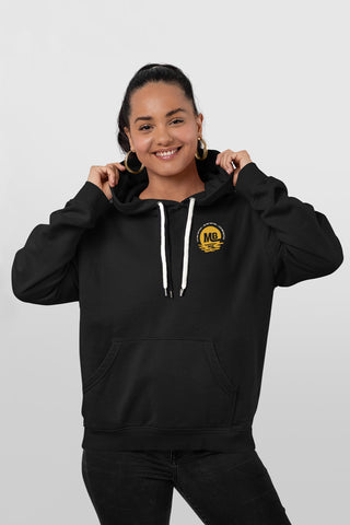 Beautiful woman wearing black hoodie, front view, with Mo' Bettahs sunset logo on upper left breast.