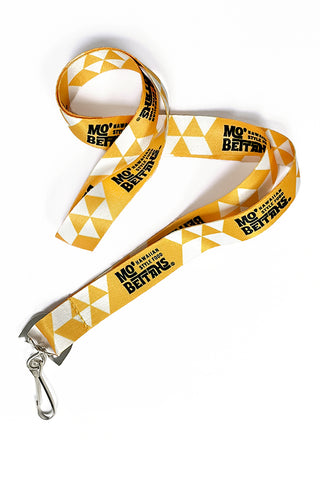 Full view of lanyard, showing sharks tooth design and Mo' Betthas Hawaiian Style Food logo.