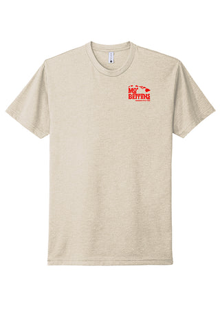 Front view of Mo' Bettahs island logo on upper left breast on beige T-shirt.