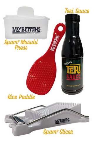Spam Slicer, Rice Paddle, a bottle of Mo' Bettahs Teri Sauce, and a Spam Musubi Press.