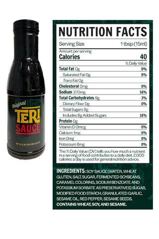 Bottle of Teri Sauce shown next to listed ingredients for Teri sauce