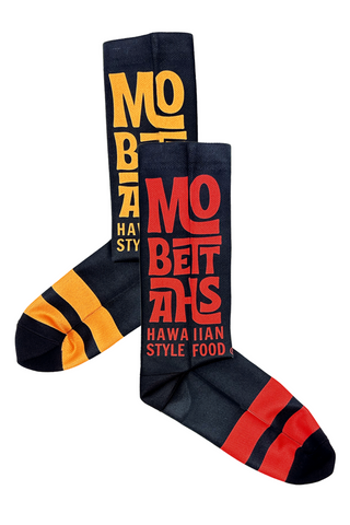 Lightweight socks with 'Mo Bettahs Hawaiian Style Food' text on a white background