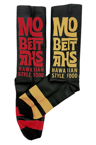 Black lightweight socks with Mo' Bettahs stacked red and yellow logo.