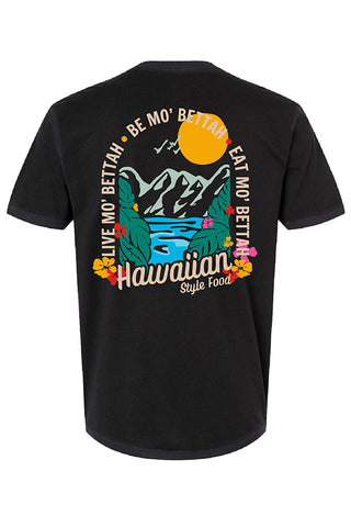 Full back view of black T-Shirt, showing Shaka mountains tropical graphic.