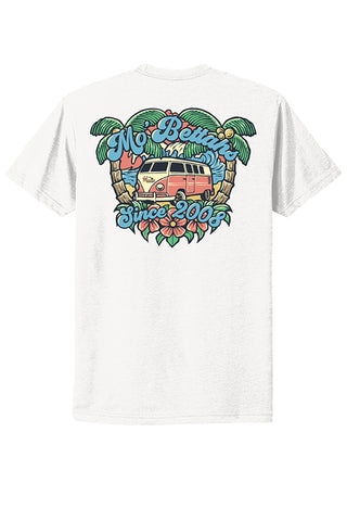 Back view of Mo' Bettahs Since 2008 white T-shirt with tropical graphic, including a VW Bus.