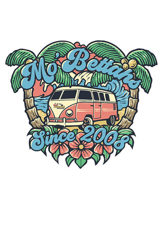 Close up detail of Mo' Bettahs tropical graphic with VW bus and "Mo' Bettahs, Since 2008" on white T-shirt.