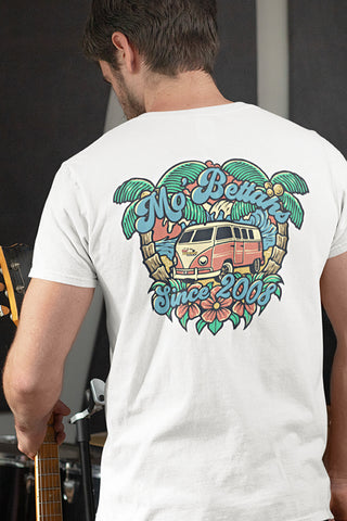 Back view of man with guitar, wearing Mo' Bettahs white T-shirt with tropical VW Bus graphic.