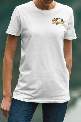 Woman wearing white T-shirt with Mo' Bettahs island logo on upper left breast.