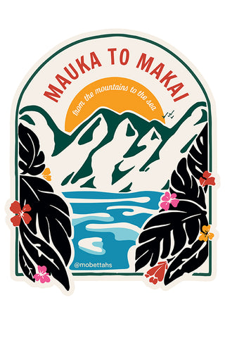 Mauka to Makai sticker with abstract art showing water mountains and tropical jungle leaves and flowers.
