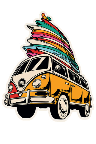 VW Bus stacked high with 15 surf boards representing the 15 years since Mo' Bettahs was established.
