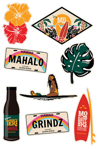 Close up detail of the eight stickers that come in the Mo' Bettahs Sticker Pack. Shows the surf board, bottle of Teri Sauce, surfer on a surf board, plumeria flowers, monstera leaf, Mo' Bettahs patch, a Mahalo and Grindz Mo' Bettahs license plates.