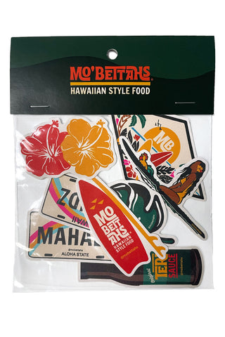 Packaged Mo' Bettahs Stickers, showing the eight stickers: surf board, bottle of Teri Sauce, surfer on a surf board, plumeria, Monstera leaf, Mo' Bettahs patch, two Mo' Bettahs license plates.