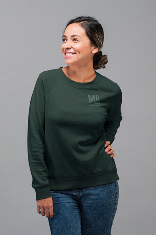 Front view of female model wearing Forest Green sweatshirt, showing embroidered MB logo in green thread.