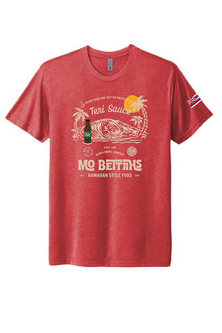 Mo' Bettahs Teri Sauce red T-shirt, with graphic on front and Hawaii's state flag on left sleeve.
