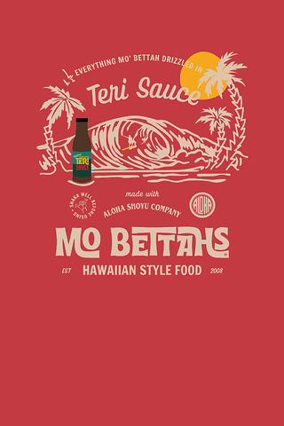 Close up detail of Mo' Bettahs Teri Sauce graphic on red background.
