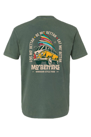 Back view of sage green T-shirt with Mo' Bettahs VW bus stacked with 15 surfboards graphic.