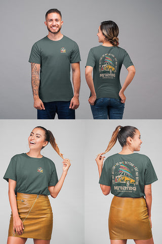 Group of people wearing sage green T-Shirt with Mo' Bettahs VW bus graphic on front and back.