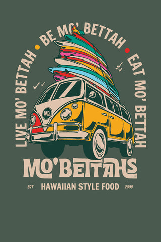 Close up of Mo' Bettahs VW bus stacked with surf boards graphic on sage green background.